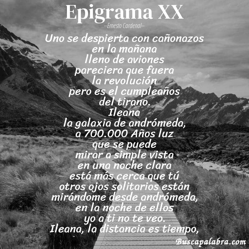 Poema epigrama XX de Ernesto Cardenal con fondo de paisaje