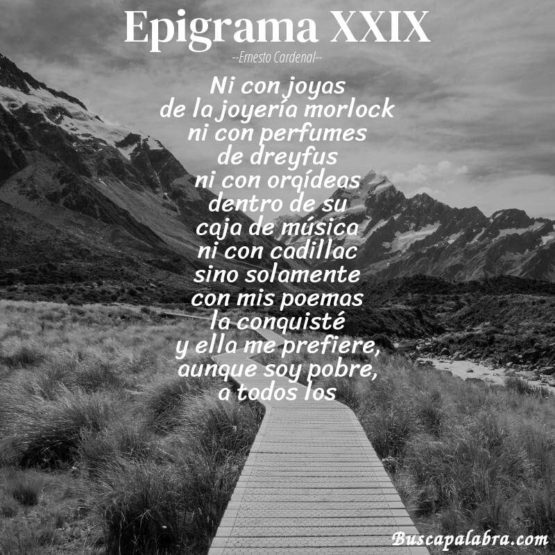 Poema epigrama XXIX de Ernesto Cardenal con fondo de paisaje