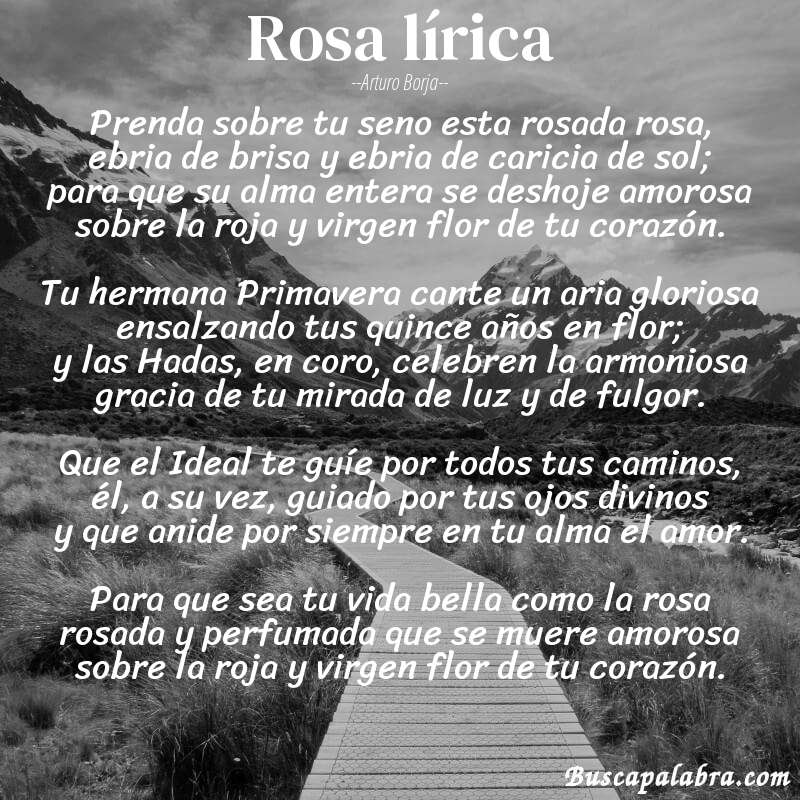 Poema Rosa lírica de Arturo Borja con fondo de paisaje