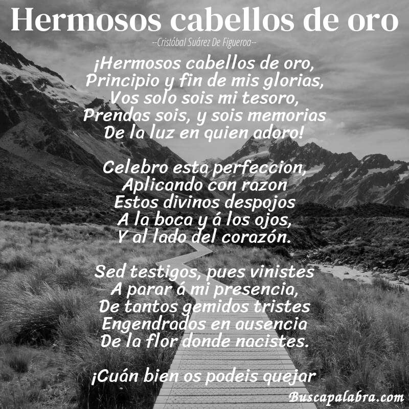 Poema Hermosos cabellos de oro de Cristóbal Suárez de Figueroa con fondo de paisaje