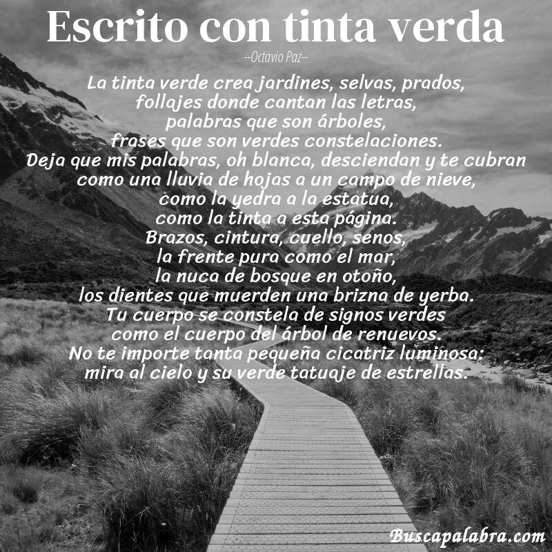 Poema escrito con tinta verda de Octavio Paz con fondo de paisaje