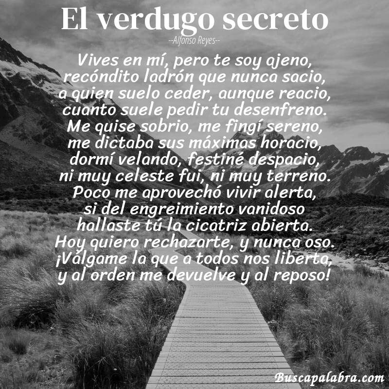 Poema el verdugo secreto de Alfonso Reyes con fondo de paisaje