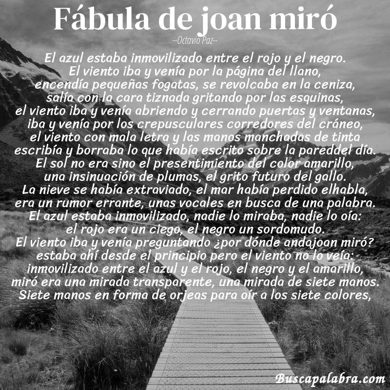 Poema fábula de joan miró de Octavio Paz con fondo de paisaje