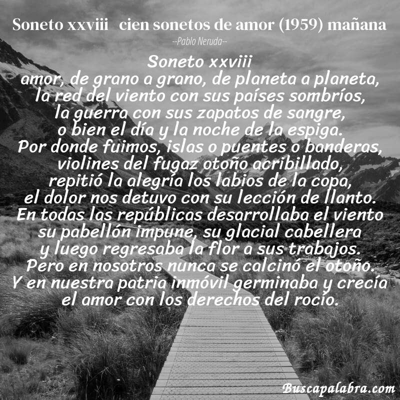 Poema soneto xxviii   cien sonetos de amor (1959) mañana de Pablo Neruda con fondo de paisaje