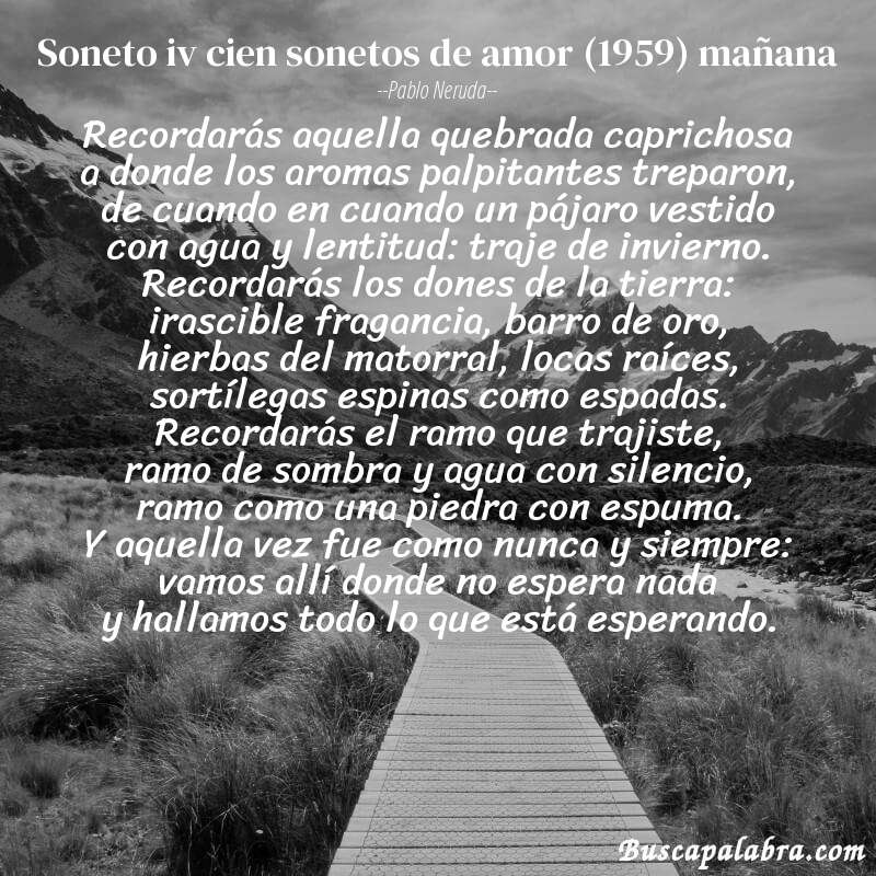 Poema soneto iv cien sonetos de amor (1959) mañana de Pablo Neruda con fondo de paisaje