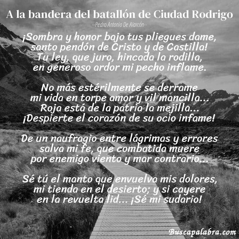 Poema A la bandera del batallón de Ciudad Rodrigo de Pedro Antonio de Alarcón con fondo de paisaje