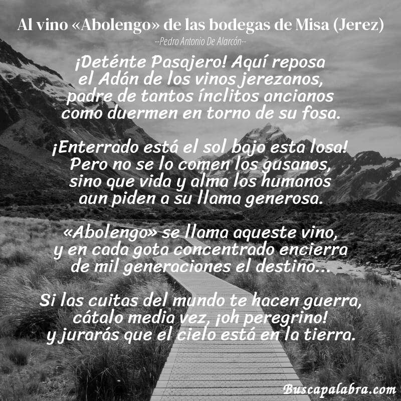 Poema Al vino «Abolengo» de las bodegas de Misa (Jerez) de Pedro Antonio de Alarcón con fondo de paisaje