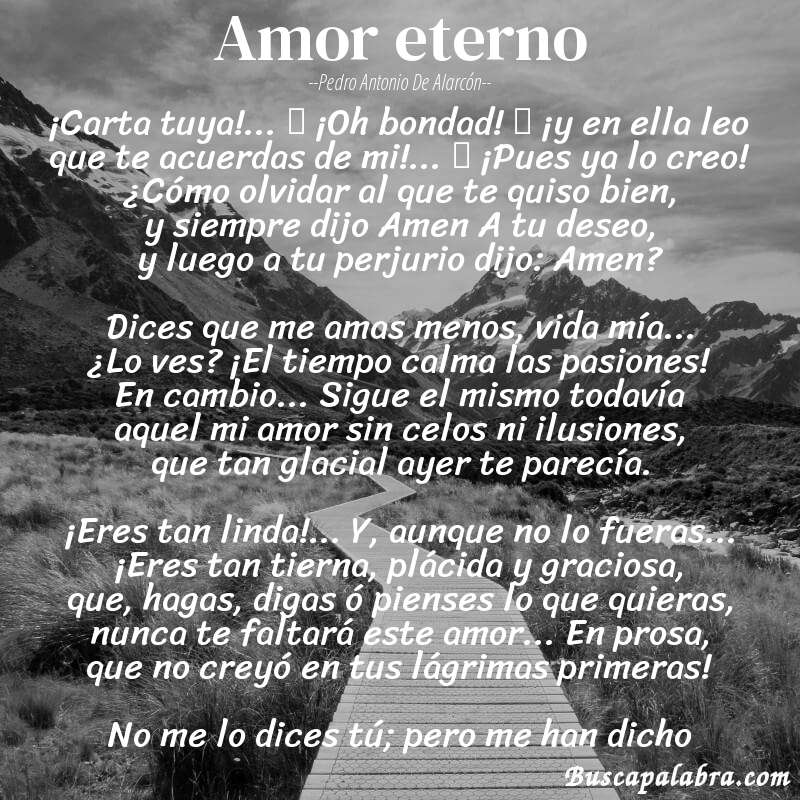 Poema Amor eterno de Pedro Antonio de Alarcón con fondo de paisaje
