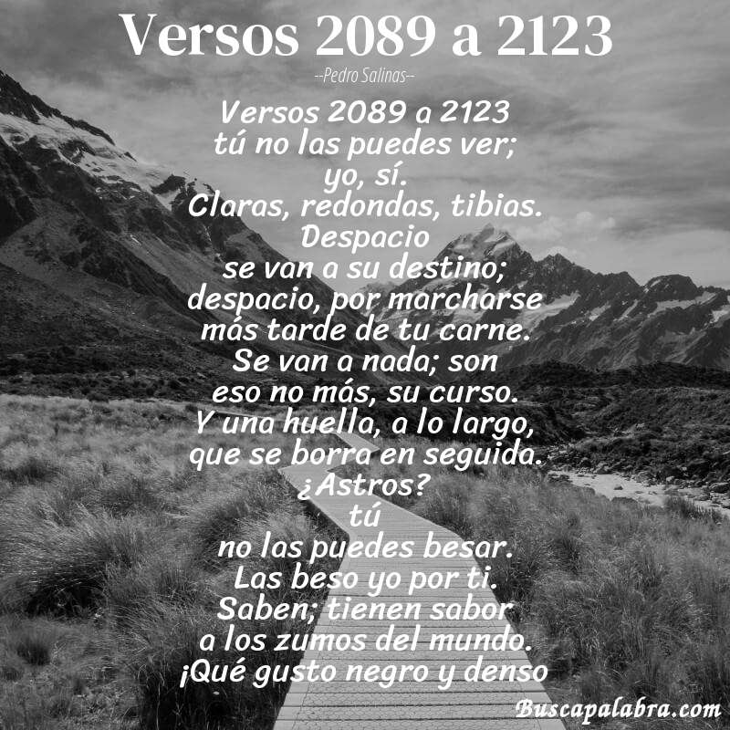 Poema versos 2089 a 2123 de Pedro Salinas con fondo de paisaje
