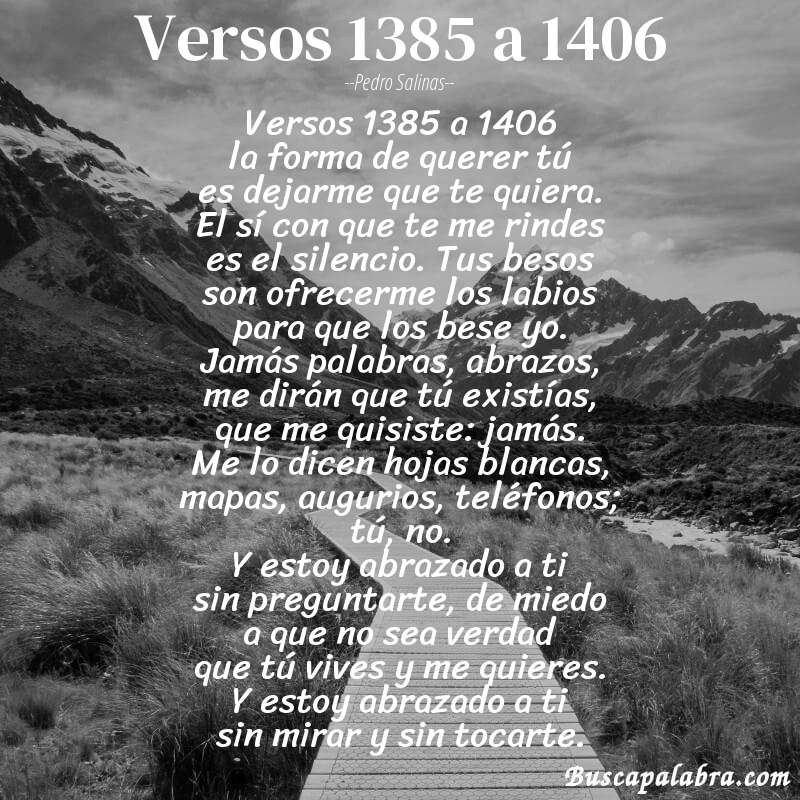 Poema versos 1385 a 1406 de Pedro Salinas con fondo de paisaje