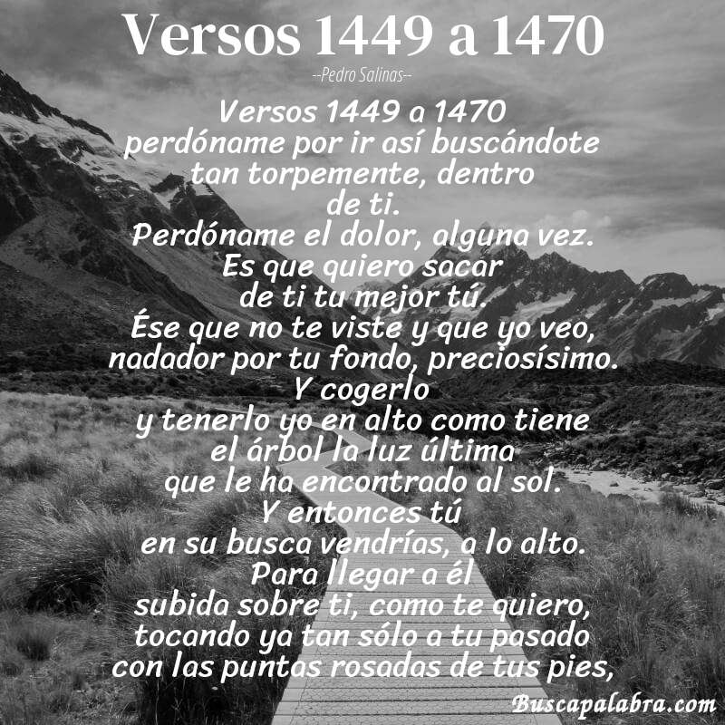 Poema versos 1449 a 1470 de Pedro Salinas con fondo de paisaje