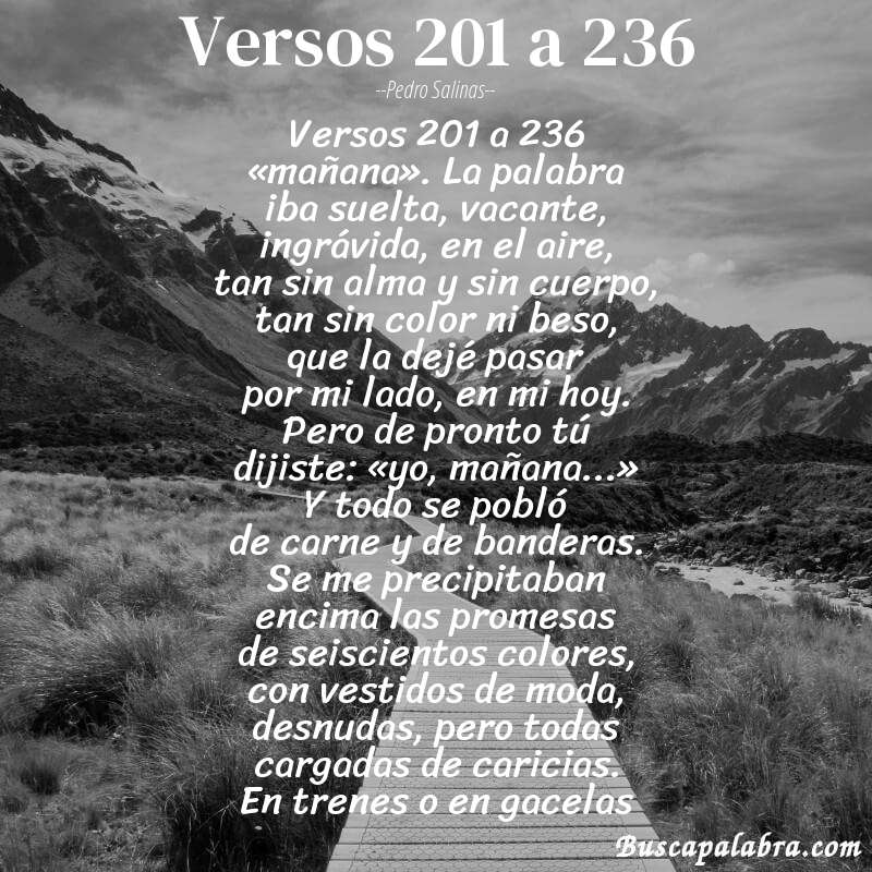 Poema versos 201 a 236 de Pedro Salinas con fondo de paisaje