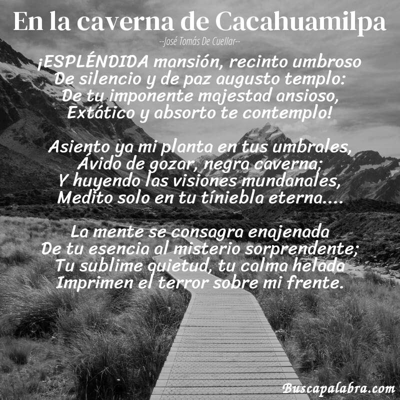 Poema En la caverna de Cacahuamilpa de José Tomás de Cuellar con fondo de paisaje