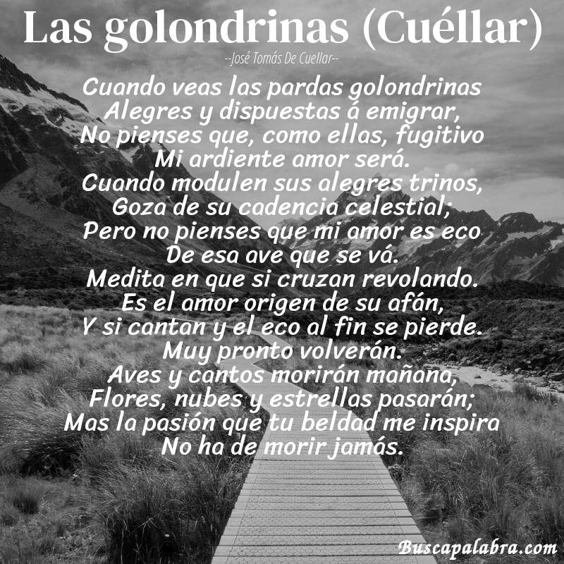 Poema Las golondrinas (Cuéllar) de José Tomás de Cuellar con fondo de paisaje