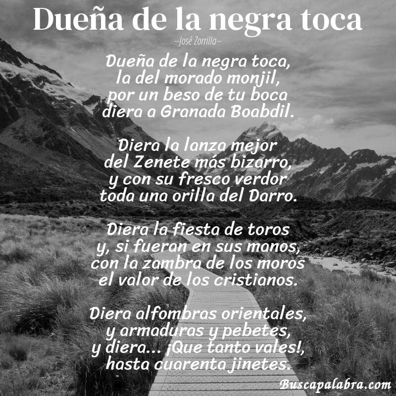 Poema Dueña de la negra toca de José Zorrilla con fondo de paisaje