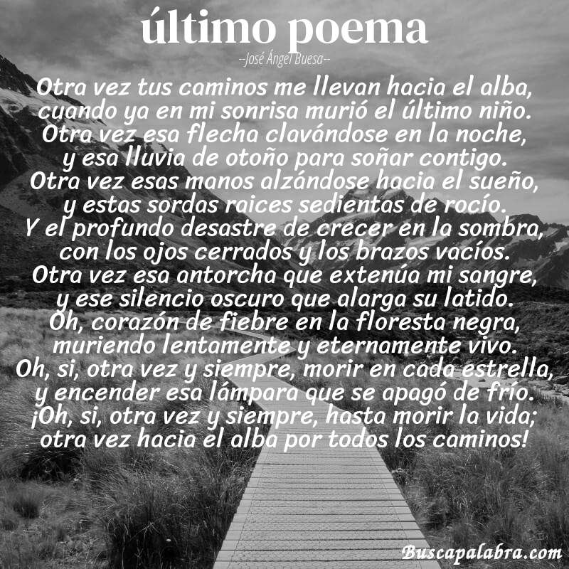 Poema último poema de José Ángel Buesa con fondo de paisaje