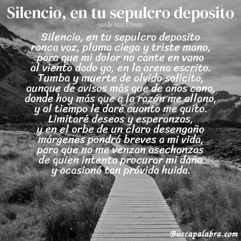 Poema silencio, en tu sepulcro deposito de Juan de Tassis y Peralta con fondo de paisaje