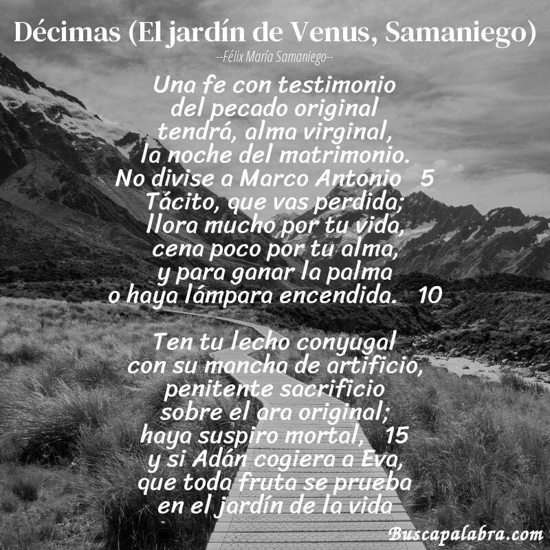 Poema Décimas (El jardín de Venus, Samaniego) de Félix María Samaniego con fondo de paisaje