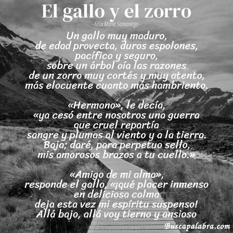 Poema El gallo y el zorro de Félix María Samaniego con fondo de paisaje