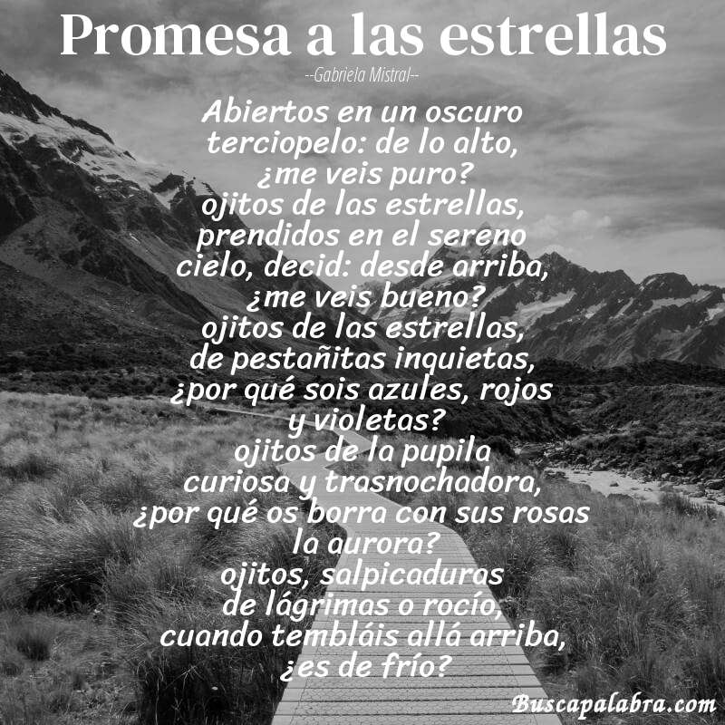 Poema promesa a las estrellas de Gabriela Mistral con fondo de paisaje