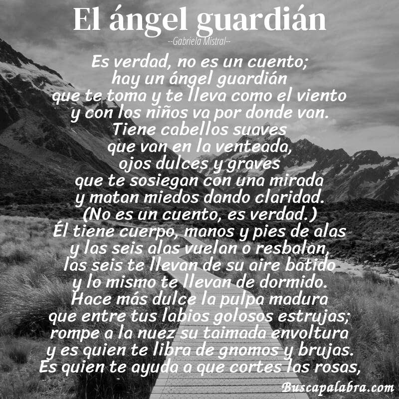 Poema el ángel guardián de Gabriela Mistral con fondo de paisaje