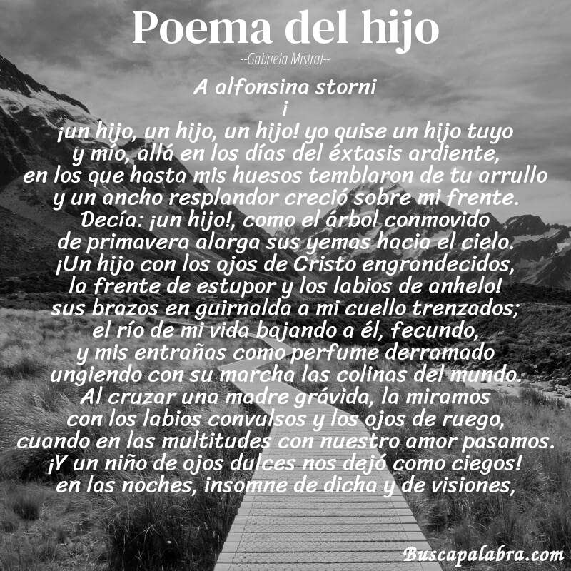Poema poema del hijo de Gabriela Mistral con fondo de paisaje