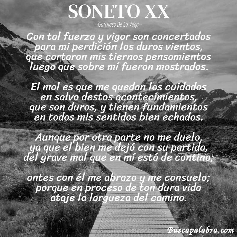 Poema SONETO XX de Garcilaso de la Vega con fondo de paisaje