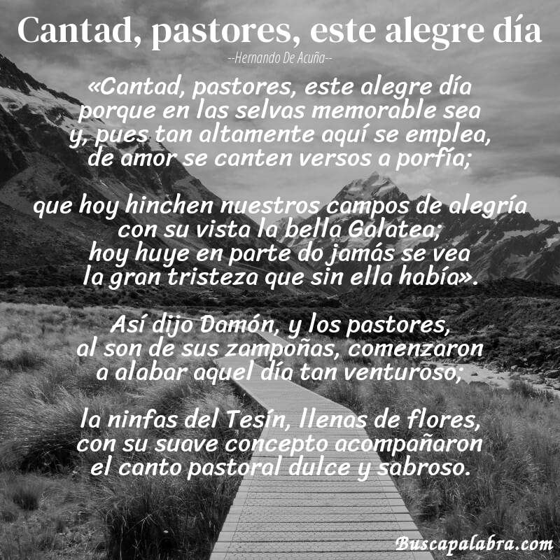Poema Cantad, pastores, este alegre día de Hernando de Acuña con fondo de paisaje