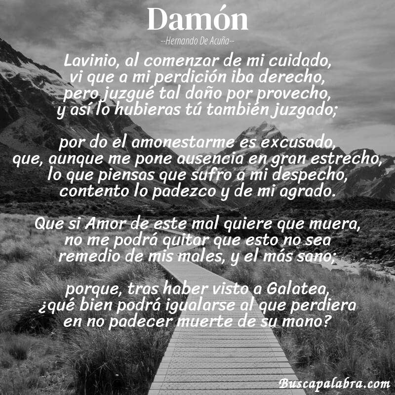 Poema Damón de Hernando de Acuña con fondo de paisaje
