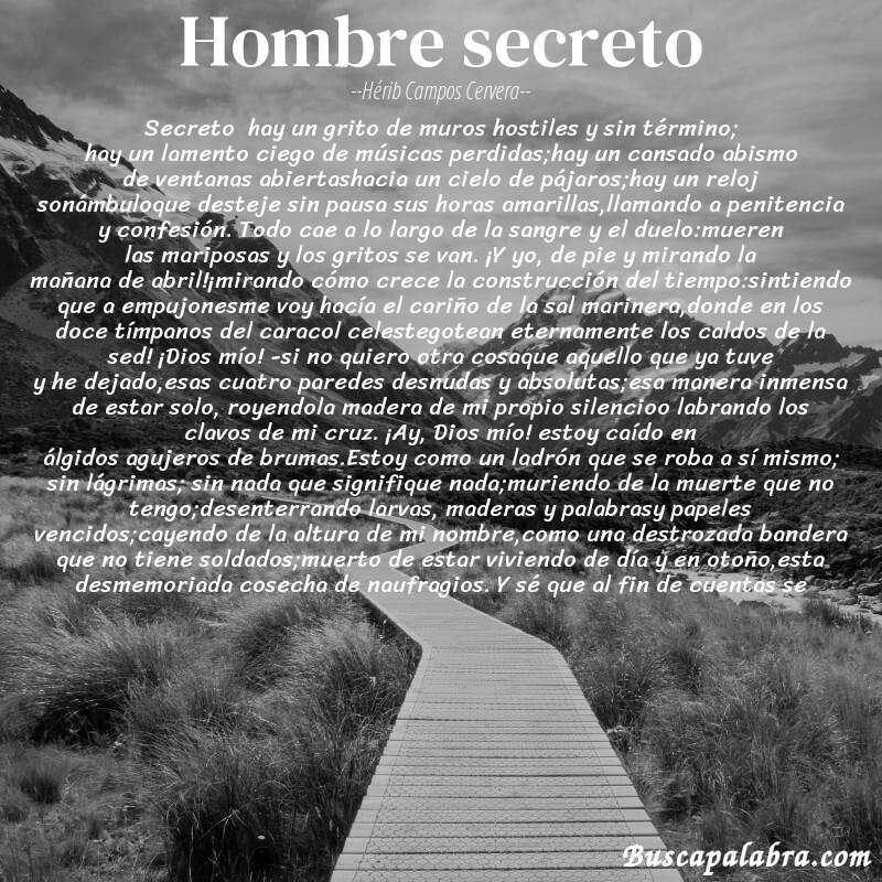 Poema hombre secreto de Hérib Campos Cervera con fondo de paisaje
