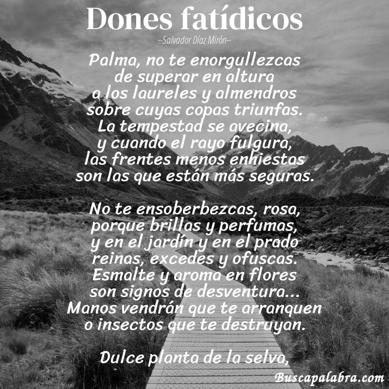 Poema Dones fatídicos de Salvador Díaz Mirón con fondo de paisaje