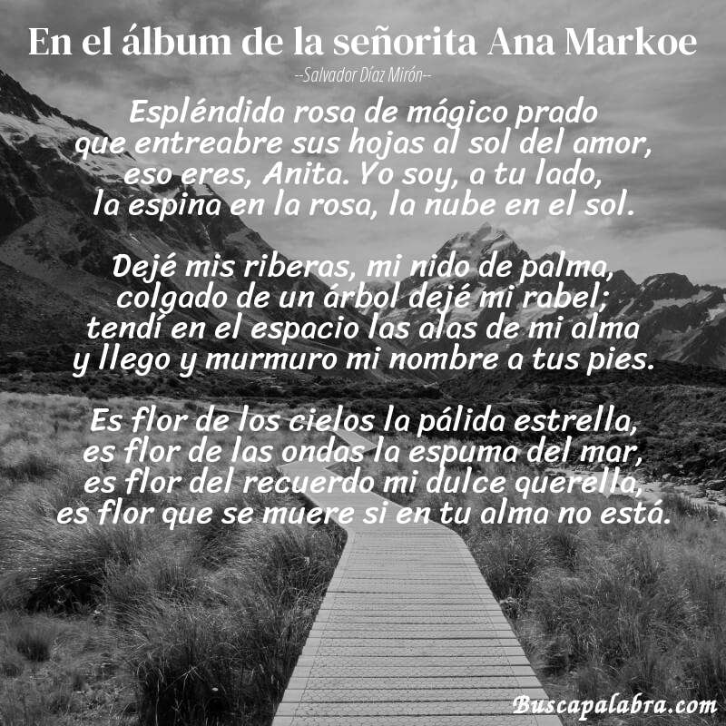 Poema En el álbum de la señorita Ana Markoe de Salvador Díaz Mirón con fondo de paisaje
