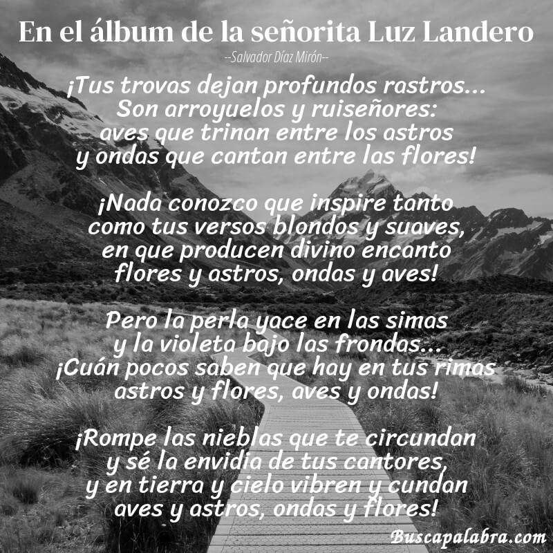 Poema En el álbum de la señorita Luz Landero de Salvador Díaz Mirón con fondo de paisaje