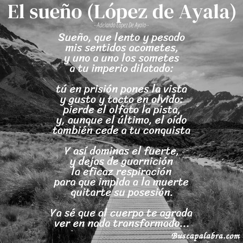 Poema El sueño (López de Ayala) de Adelardo López de Ayala con fondo de paisaje