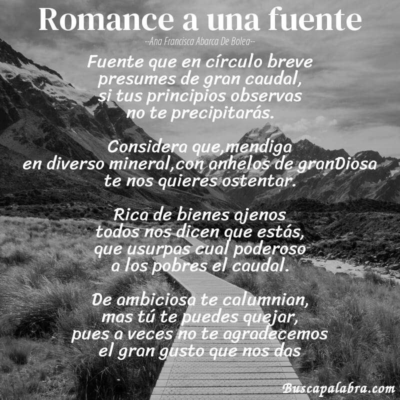 Poema Romance a una fuente de Ana Francisca Abarca de Bolea con fondo de paisaje