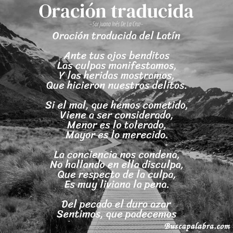 Poema Oración traducida de Sor Juana Inés de la Cruz con fondo de paisaje