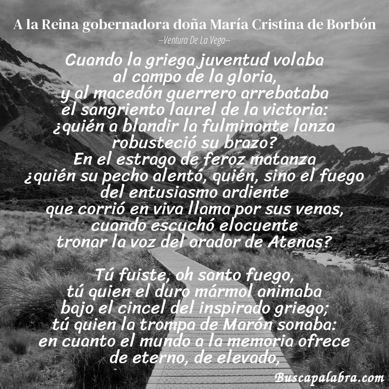 Poema A la Reina gobernadora doña María Cristina de Borbón de Ventura de la Vega con fondo de paisaje