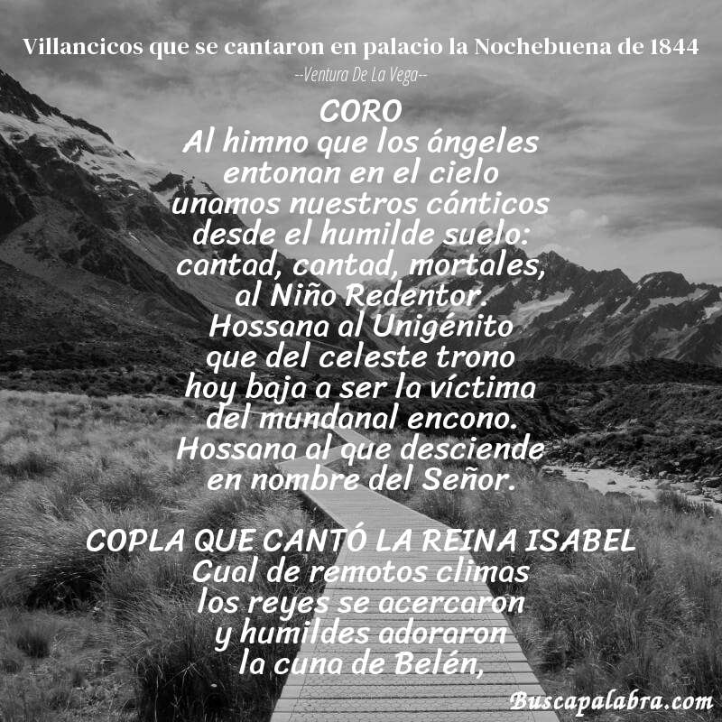 Poema Villancicos que se cantaron en palacio la Nochebuena de 1844 de Ventura de la Vega con fondo de paisaje
