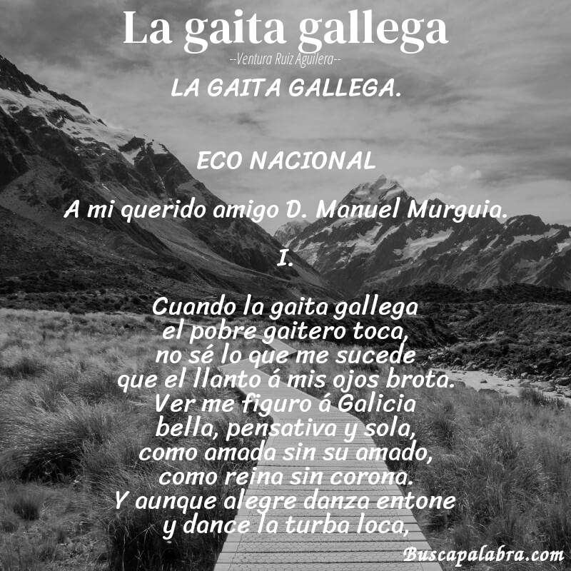 Poema La gaita gallega de Ventura Ruiz Aguilera con fondo de paisaje