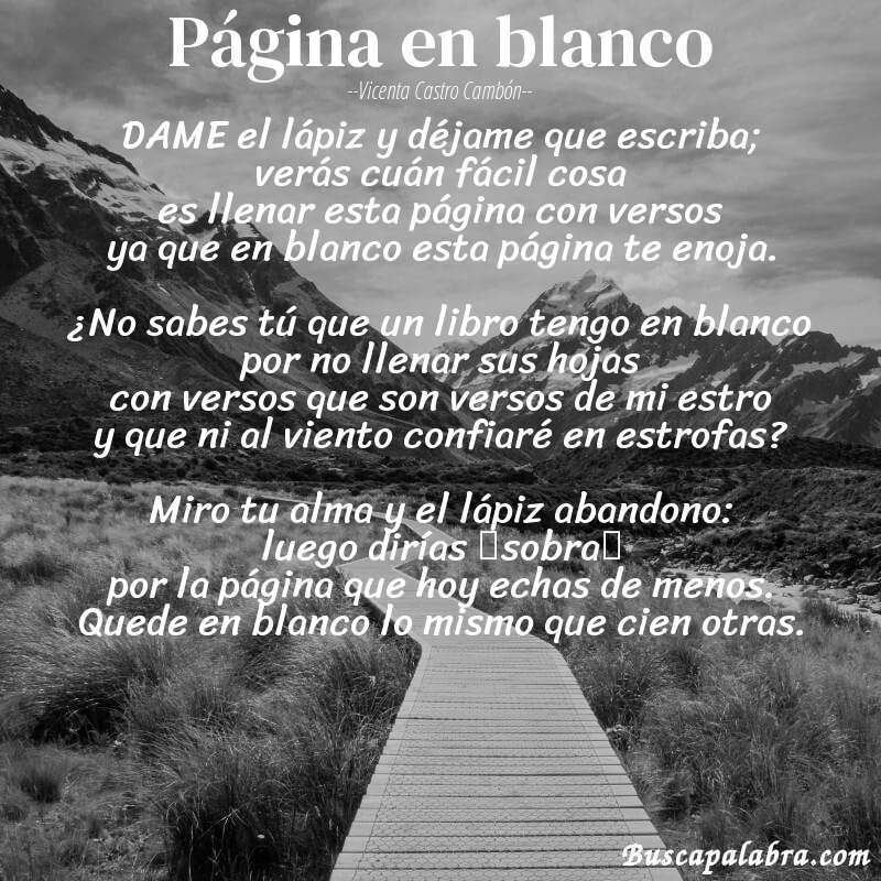 Poema Página en blanco de Vicenta Castro Cambón con fondo de paisaje