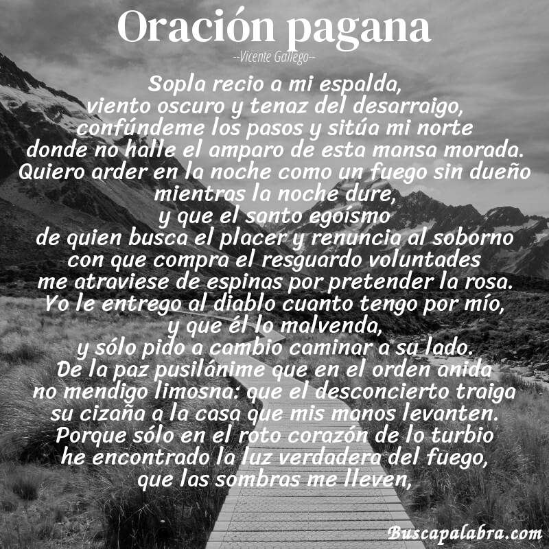 Poema oración pagana de Vicente Gallego con fondo de paisaje