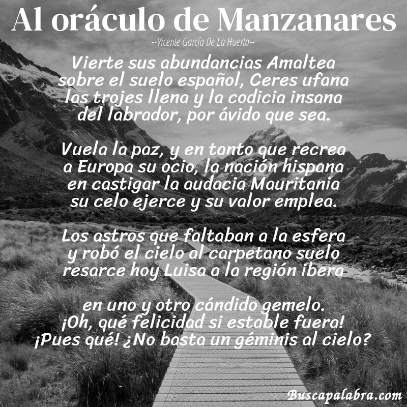 Poema Al oráculo de Manzanares de Vicente García de la Huerta con fondo de paisaje
