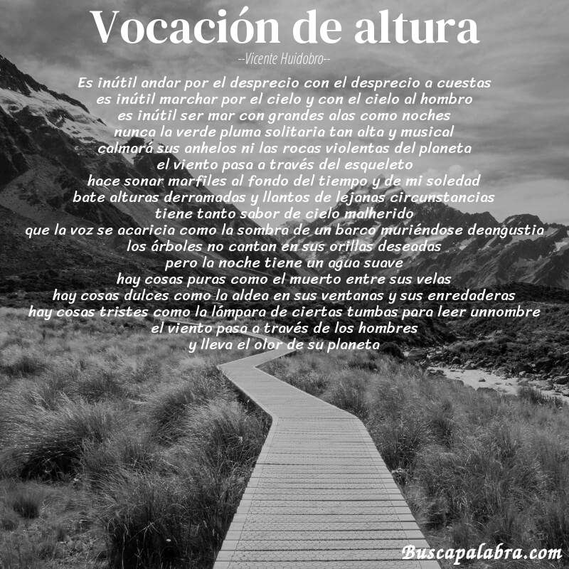 Poema vocación de altura de Vicente Huidobro con fondo de paisaje