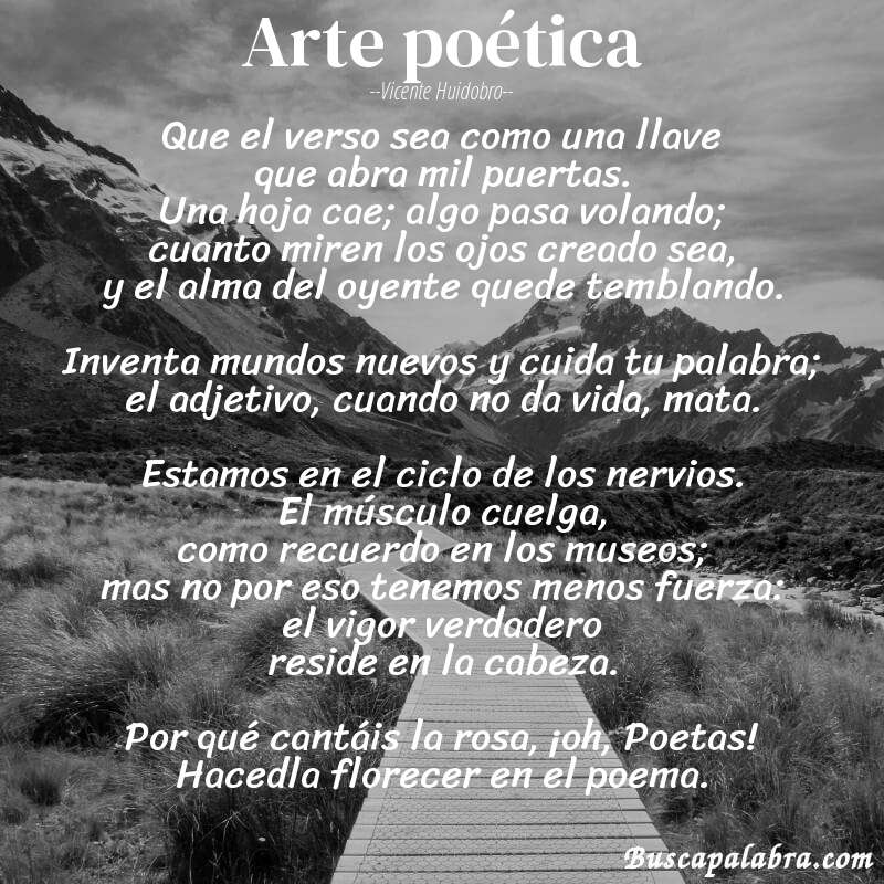 Poema Arte poética de Vicente Huidobro con fondo de paisaje