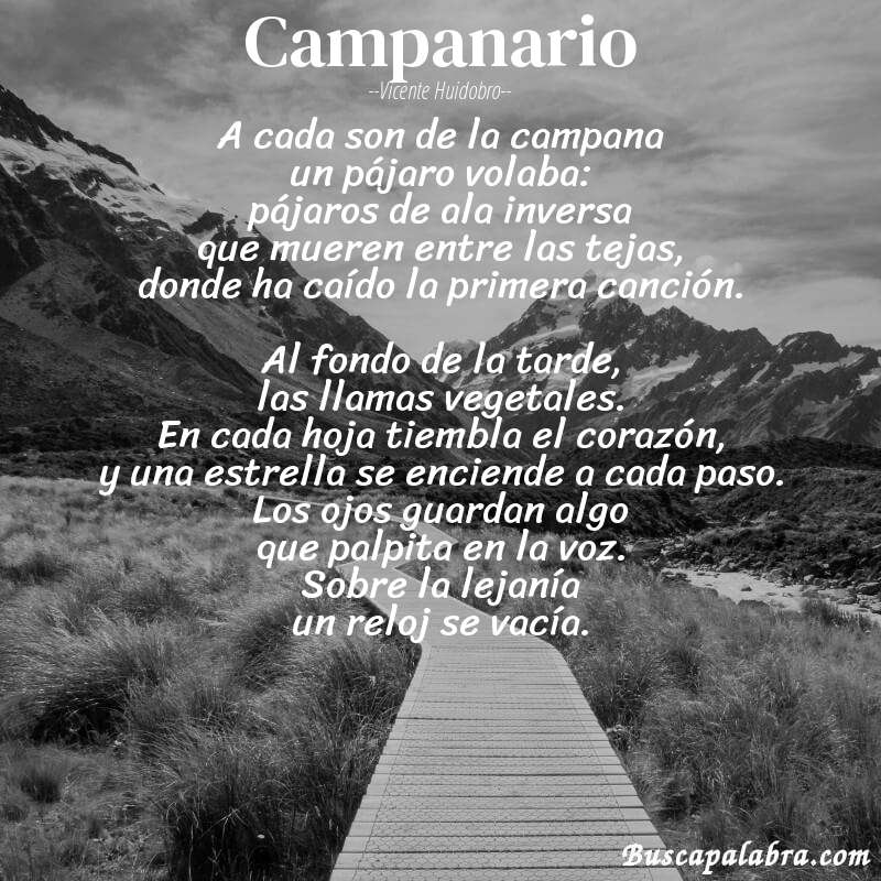 Poema Campanario de Vicente Huidobro con fondo de paisaje