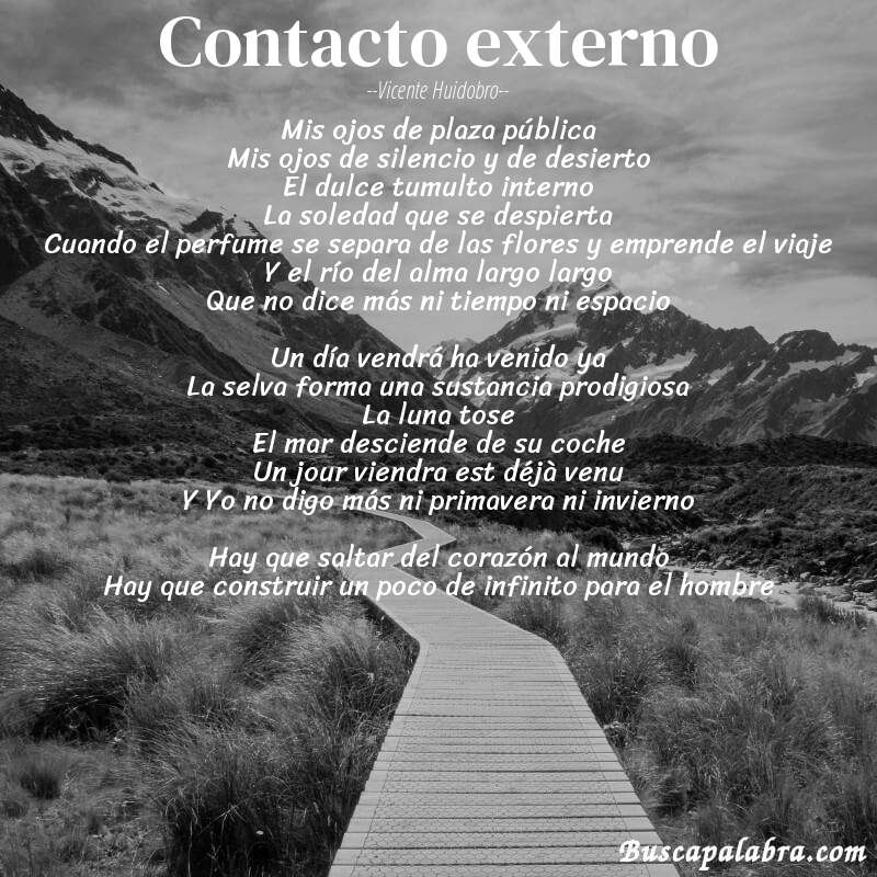 Poema Contacto externo de Vicente Huidobro con fondo de paisaje