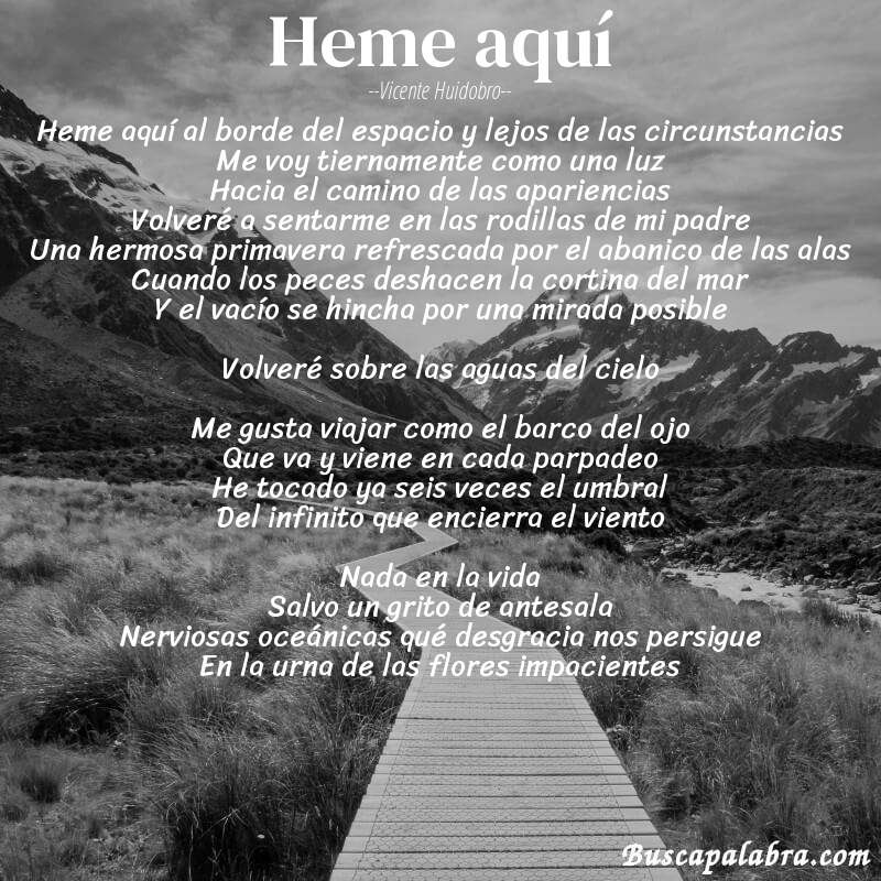Poema Heme aquí de Vicente Huidobro con fondo de paisaje