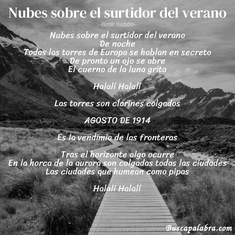 Poema Nubes sobre el surtidor del verano de Vicente Huidobro con fondo de paisaje