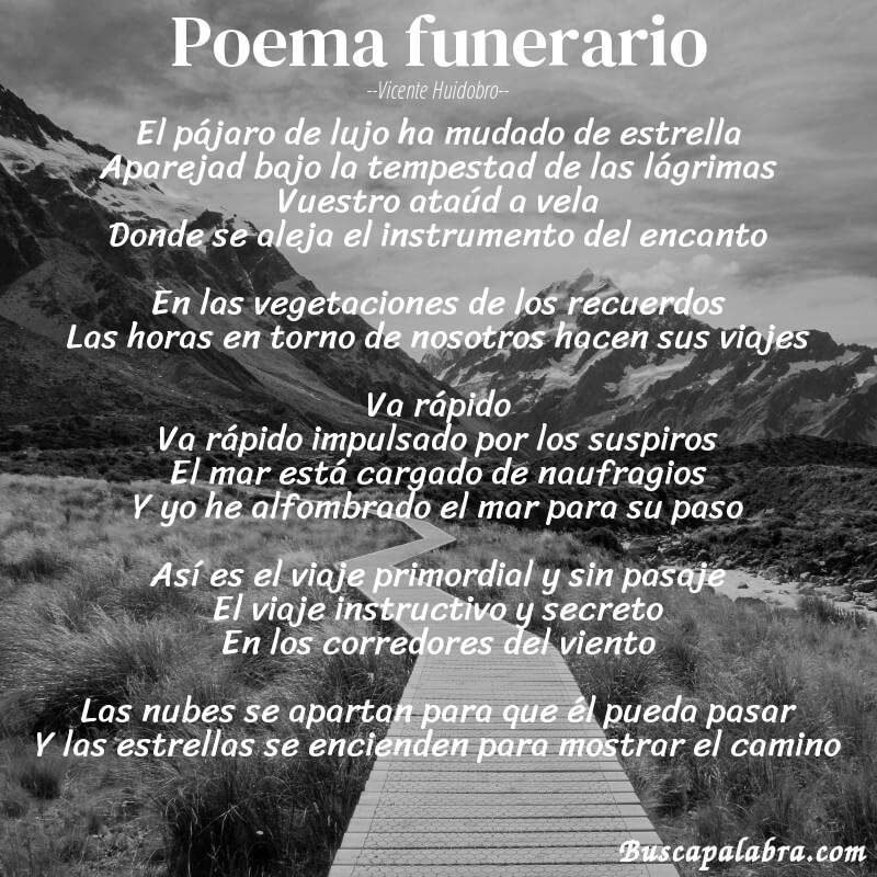 Poema Poema funerario de Vicente Huidobro con fondo de paisaje