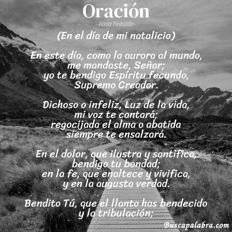 Poema Oración de Vicente Piedrahíta con fondo de paisaje